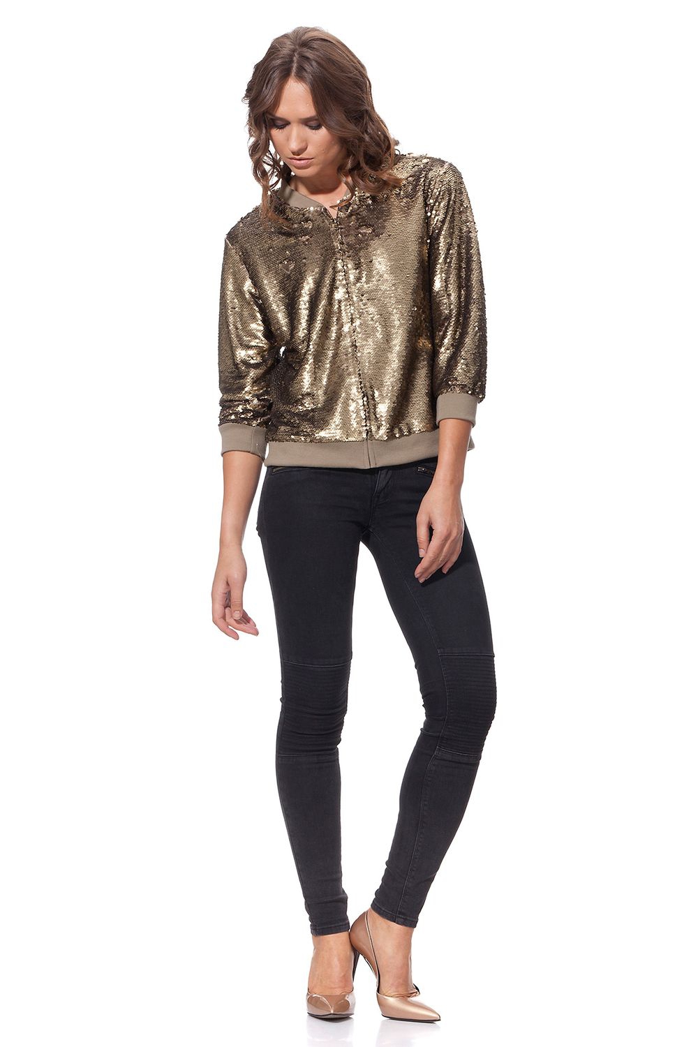 Късо дамско яке с пайети в златист цвят от Label eight | Secretzone.bg
