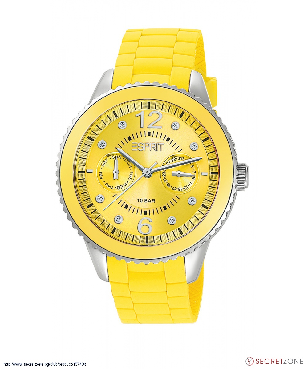 Жълт дамски часовник Esprit с кристали и силиконова гривна | Secretzone.bg