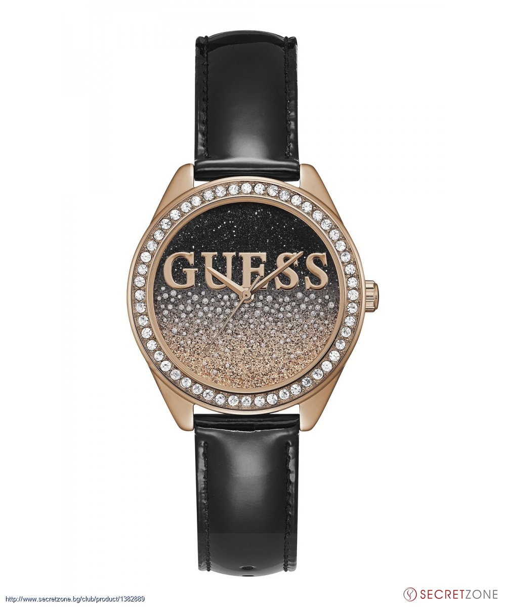 Дамски часовник с кристали Guess в черно и розово златисто | Secretzone.bg